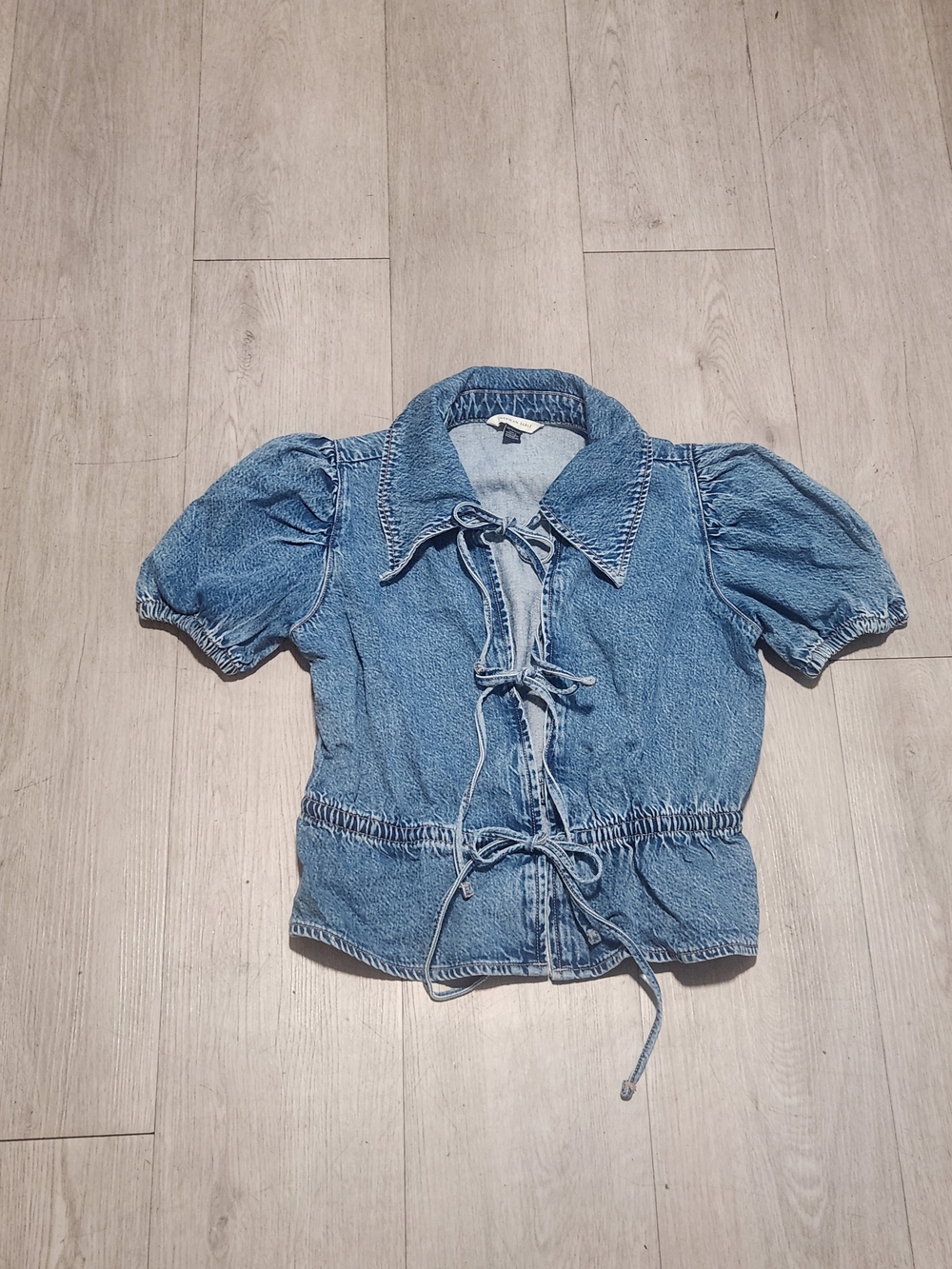 American Eagle Tie Front Puff Sleeve Denim Top XS